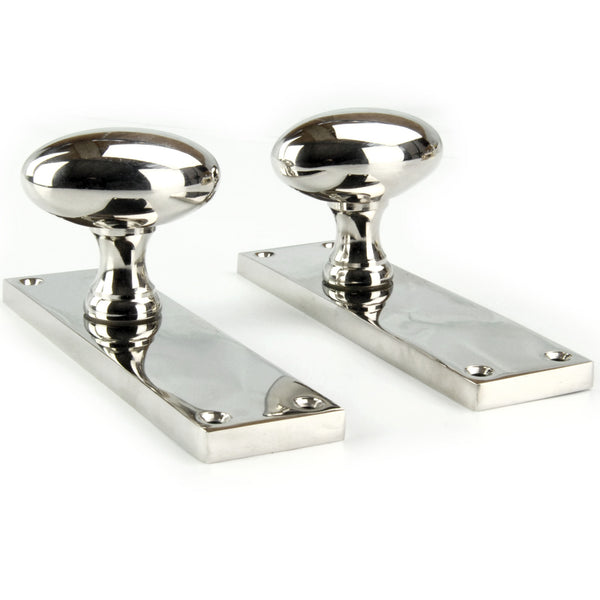 New York Oval Solid Brass Door Knobs Handles on Backplate Polished Nickel