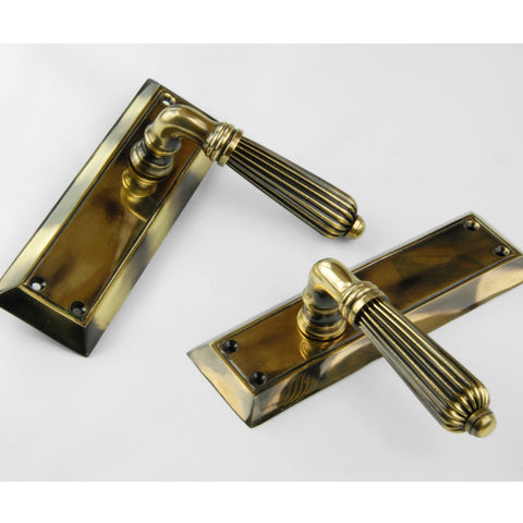 Antique Solid Brass Regency Reeded Lever Door Handles on Long Backplate