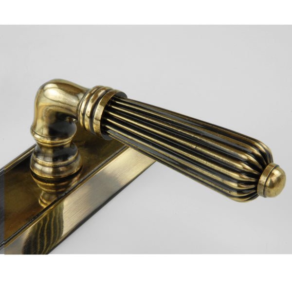 Antique Solid Brass Regency Reeded Lever Door Handles on Long Backplate