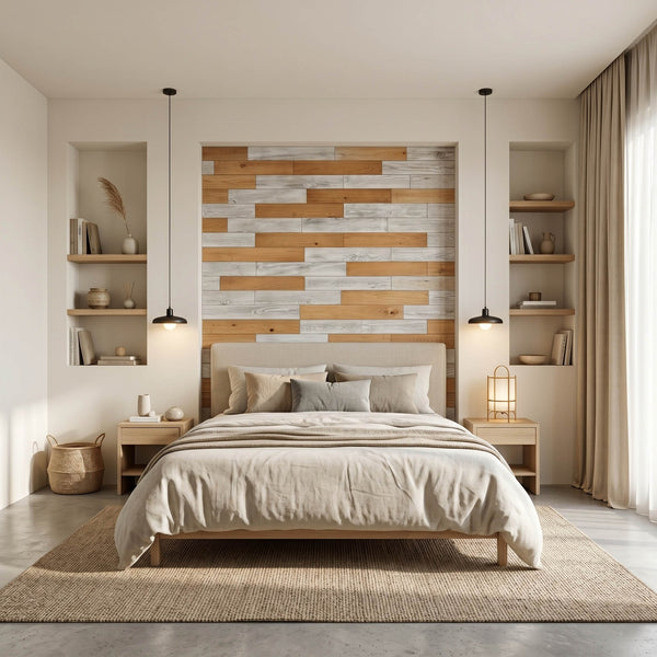 Scandinavian Minimal Wooden Wall Tiles Cladding Panelling White & Oak Finish