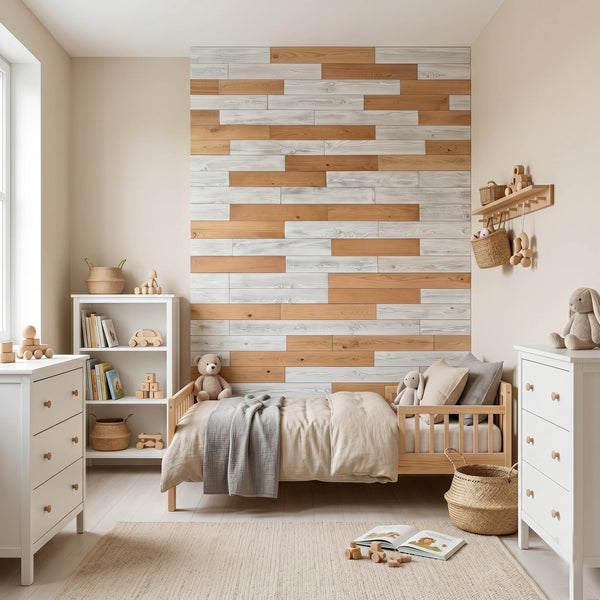 Scandinavian Minimal Wooden Wall Tiles Cladding Panelling White & Oak Finish
