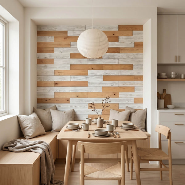 Scandinavian Minimal Wooden Wall Tiles Cladding Panelling White & Oak Finish