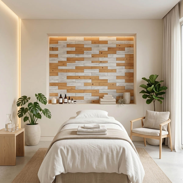 Scandinavian Minimal Wooden Wall Tiles Cladding Panelling White & Oak Finish