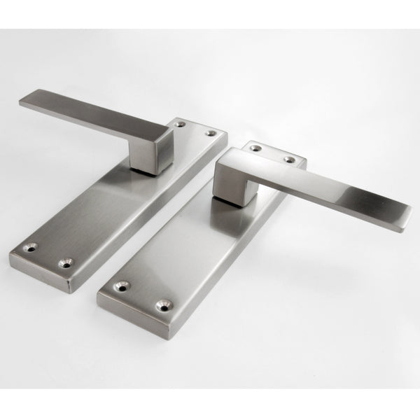 Stainless Steel Square Door Lever Handles on a Long Back Plate