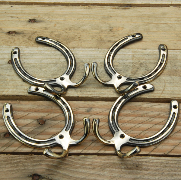 Vintage Style Solid Antique Brass Horseshoe Wall Coat Rack Hooks