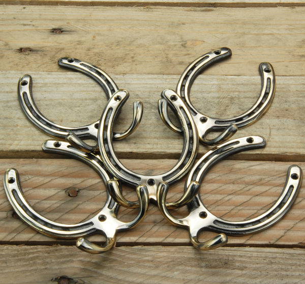 Vintage Style Solid Antique Brass Horseshoe Wall Coat Rack Hooks