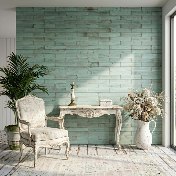 Distressed Teal Green Painted Reclaimed Style Wooden Wall Tiles Cladding Panelling Panels
