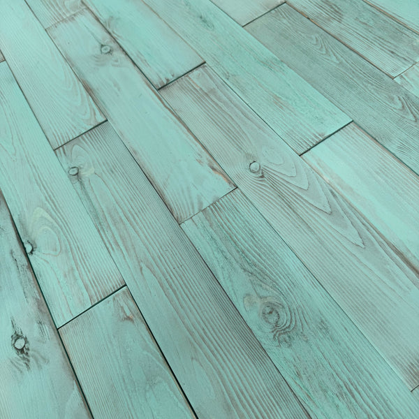 Distressed Teal Green Painted Reclaimed Style Wooden Wall Tiles Cladding Panelling Panels