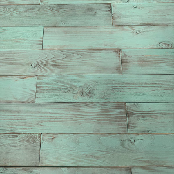 Distressed Teal Green Painted Reclaimed Style Wooden Wall Tiles Cladding Panelling Panels