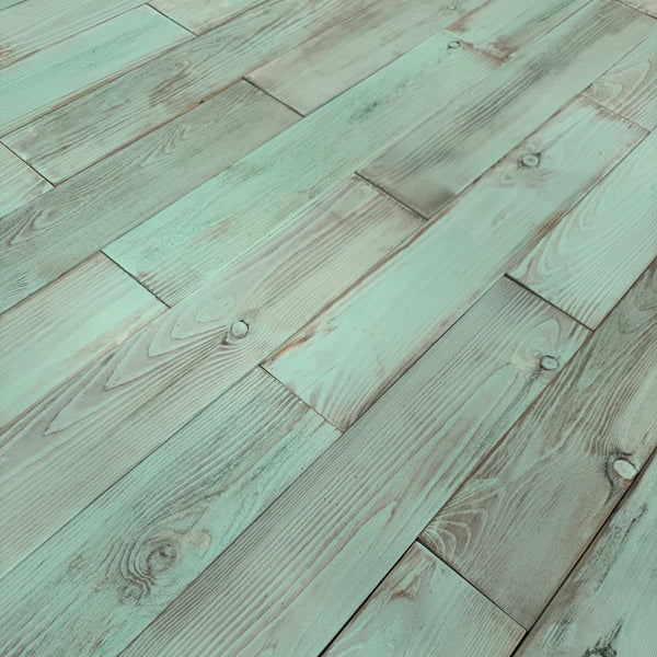 Distressed Teal Green Painted Reclaimed Style Wooden Wall Tiles Cladding Panelling Panels
