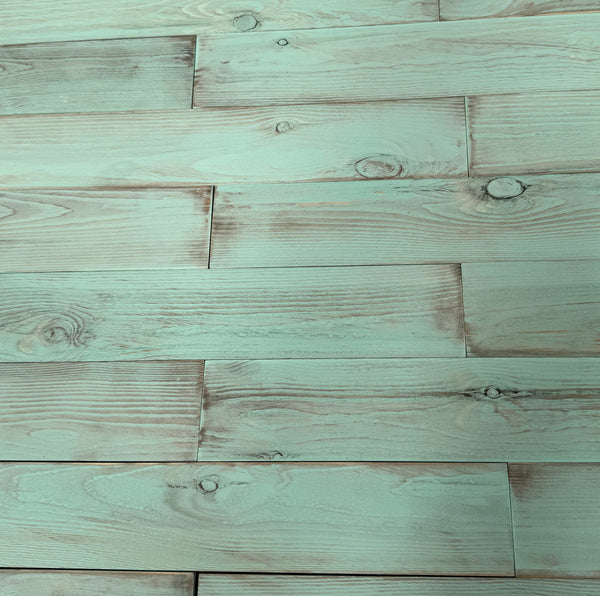 Distressed Teal Green Painted Reclaimed Style Wooden Wall Tiles Cladding Panelling Panels