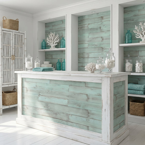 Distressed Teal Green Painted Reclaimed Style Wooden Wall Tiles Cladding Panelling Panels