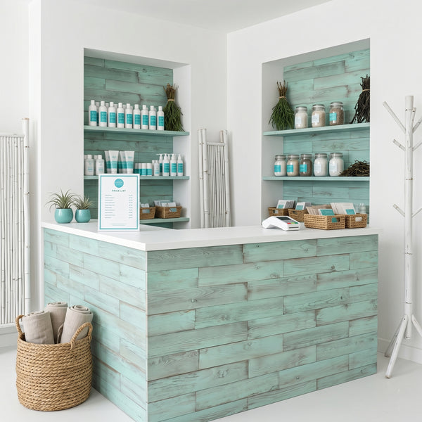 Distressed Teal Green Painted Reclaimed Style Wooden Wall Tiles Cladding Panelling Panels