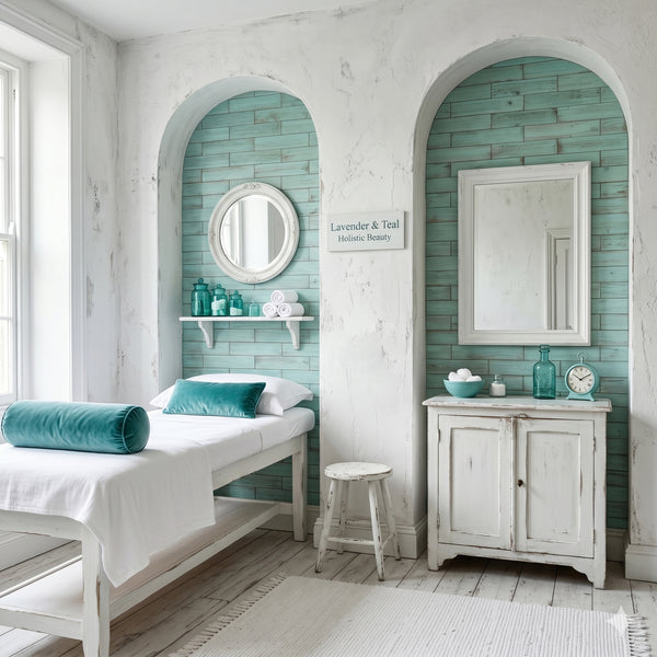 Distressed Teal Green Painted Reclaimed Style Wooden Wall Tiles Cladding Panelling Panels
