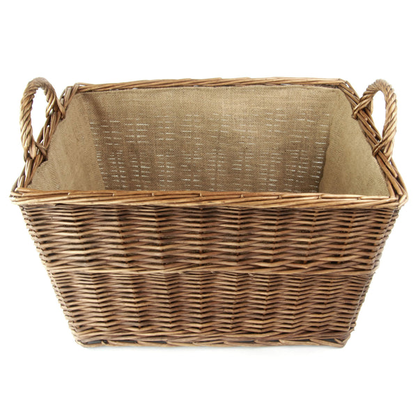 Large Brown Willow Tapered Basket with Carry Handles Hessian Lined