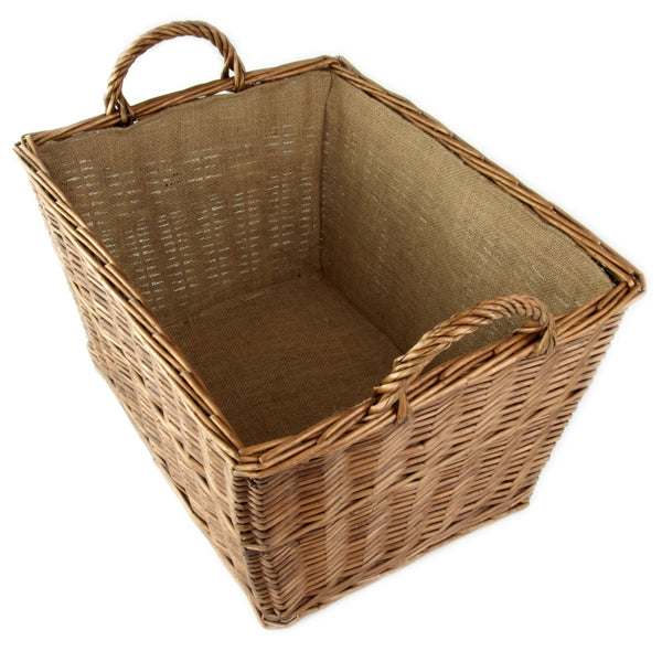 Large Brown Willow Tapered Basket with Carry Handles Hessian Lined