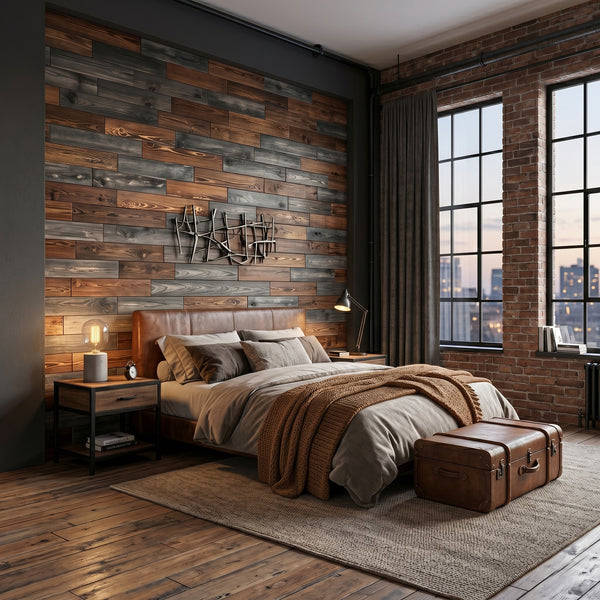 Urban Industrial Wooden Wall Tiles Cladding Panelling Panels Grey & Brown