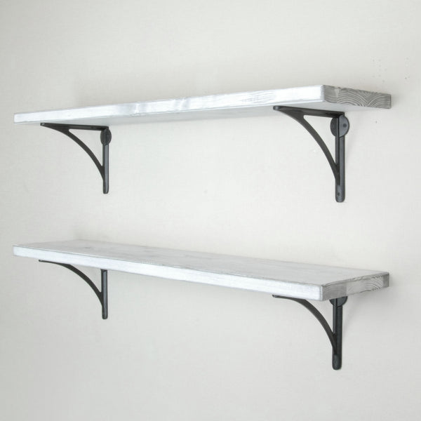 Rustic Solid Wood Wall Shelf Distressed White with Black Cast Iron Metal Brackets
