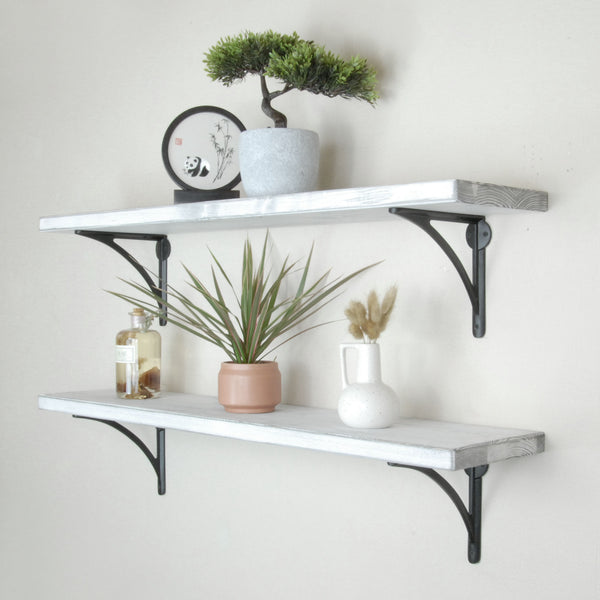 Rustic Solid Wood Wall Shelf Distressed White with Black Cast Iron Metal Brackets