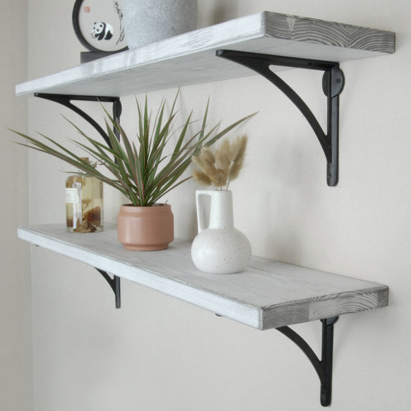 Rustic Solid Wood Wall Shelf Distressed White with Black Cast Iron Metal Brackets