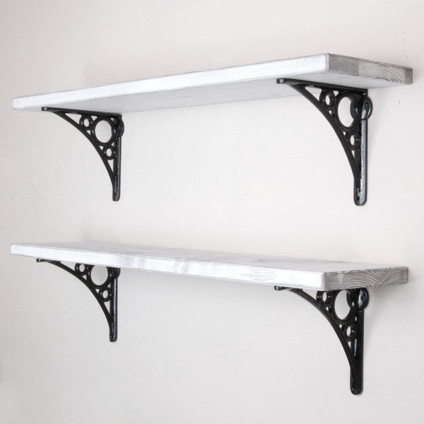 Rustic Solid Wood Wall Shelf Distressed White with Black Cast Iron Metal Brackets