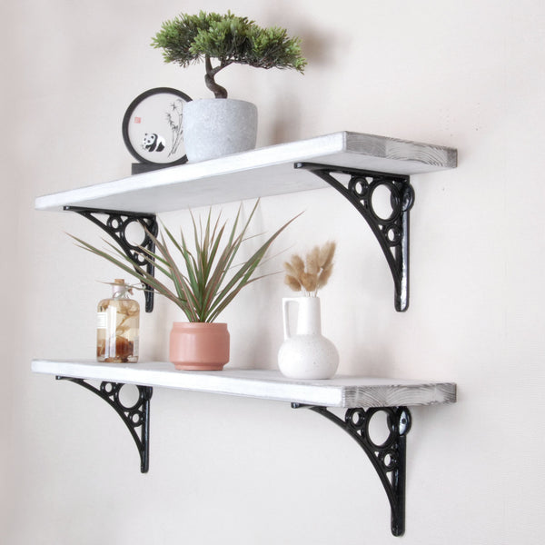 Rustic Solid Wood Wall Shelf Distressed White with Black Cast Iron Metal Brackets