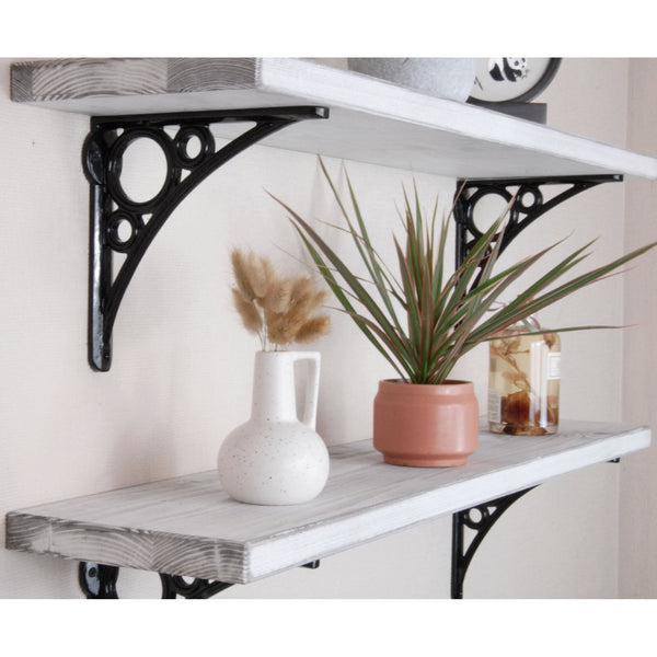 Rustic Solid Wood Wall Shelf Distressed White with Black Cast Iron Metal Brackets