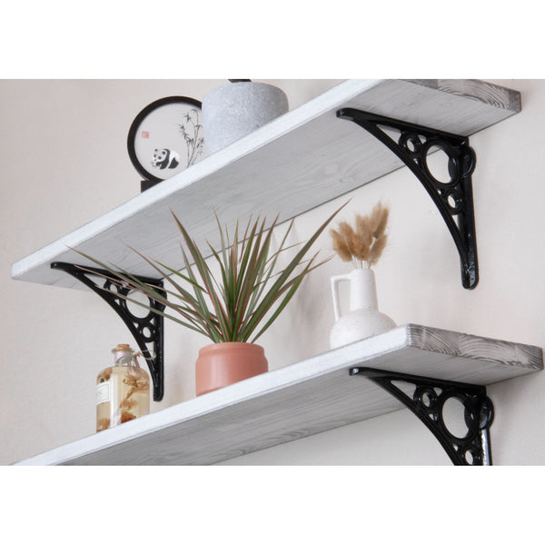 Rustic Solid Wood Wall Shelf Distressed White with Black Cast Iron Metal Brackets