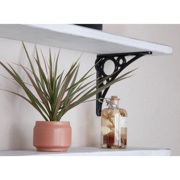 Rustic Solid Wood Wall Shelf Distressed White with Black Cast Iron Metal Brackets