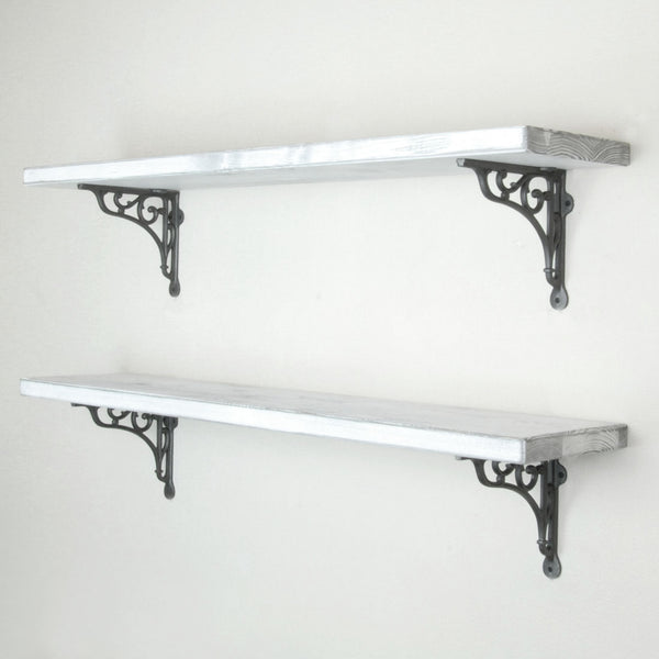 Rustic Solid Wood Wall Shelf Distressed White with Cast Iron Metal Heritage Brackets