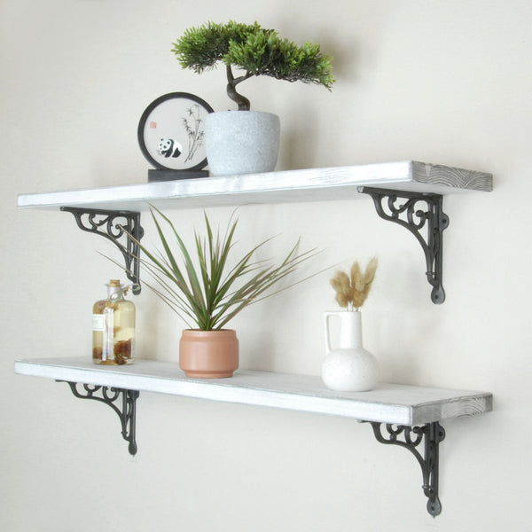 Rustic Solid Wood Wall Shelf Distressed White with Cast Iron Metal Heritage Brackets