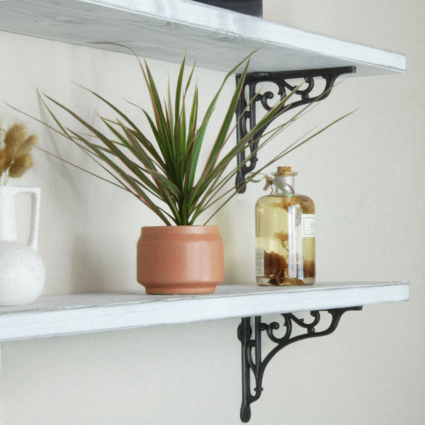 Rustic Solid Wood Wall Shelf Distressed White with Cast Iron Metal Heritage Brackets