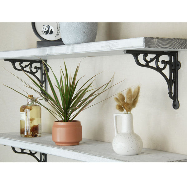 Rustic Solid Wood Wall Shelf Distressed White with Cast Iron Metal Heritage Brackets