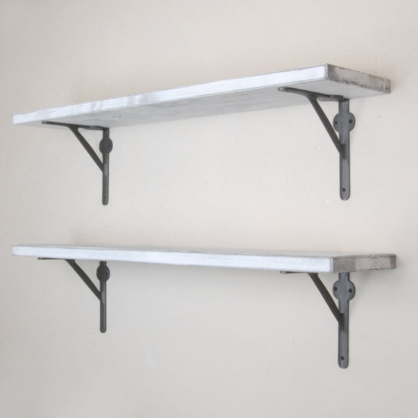 Rustic Solid Wood Wall Shelf Distressed White with Cast Iron Metal Brackets