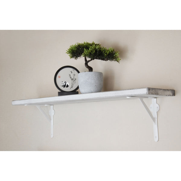 Rustic Solid Wood Wall Shelf Distressed White with White Cast Iron Metal Brackets