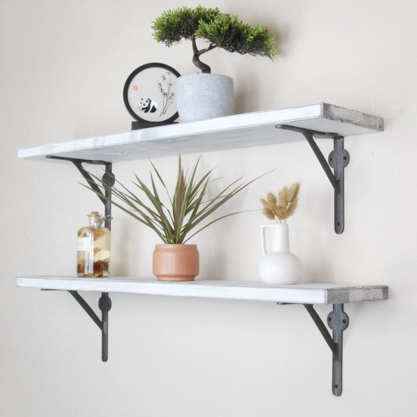 Rustic Solid Wood Wall Shelf Distressed White with Cast Iron Metal Brackets