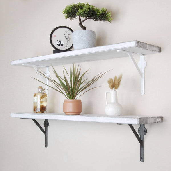 Rustic Solid Wood Wall Shelf Distressed White with White Cast Iron Metal Brackets