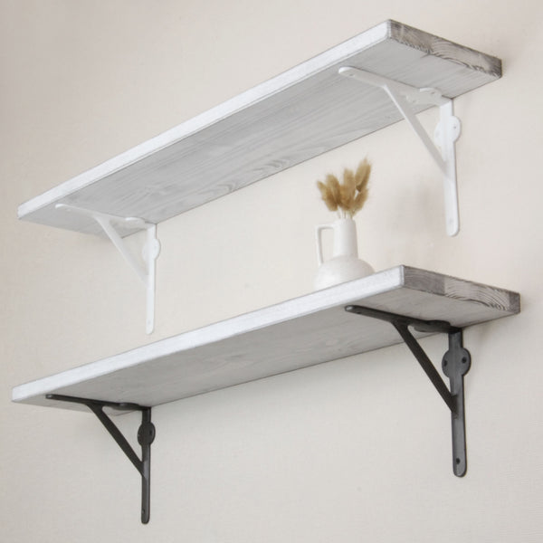 Rustic Solid Wood Wall Shelf Distressed White with White Cast Iron Metal Brackets