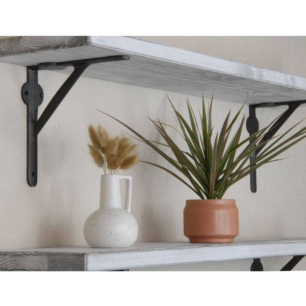 Rustic Solid Wood Wall Shelf Distressed White with Cast Iron Metal Brackets