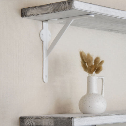 Rustic Solid Wood Wall Shelf Distressed White with White Cast Iron Metal Brackets