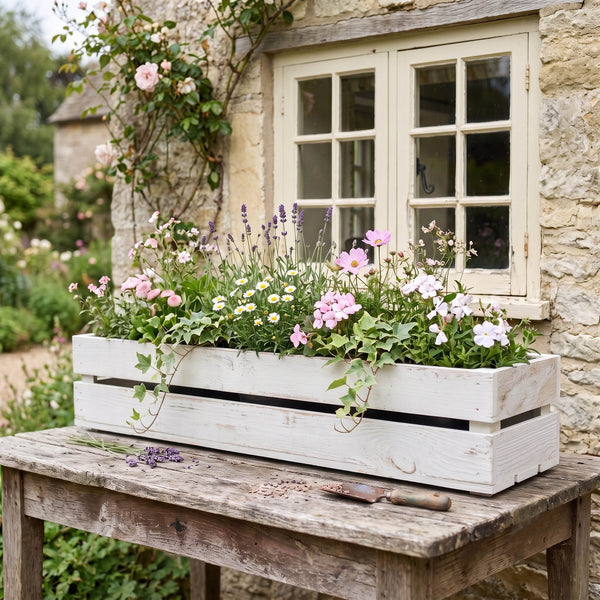 Wooden Planter Trough Crate Style Fruit Box Garden Herb Flower Rustic White