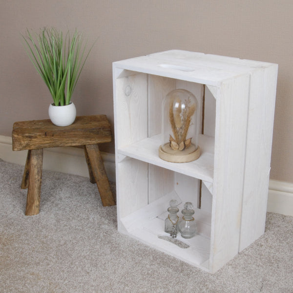 A White Vintage Style Rustic Wooden Apple Fruit Crate Bushel Box with Shelf