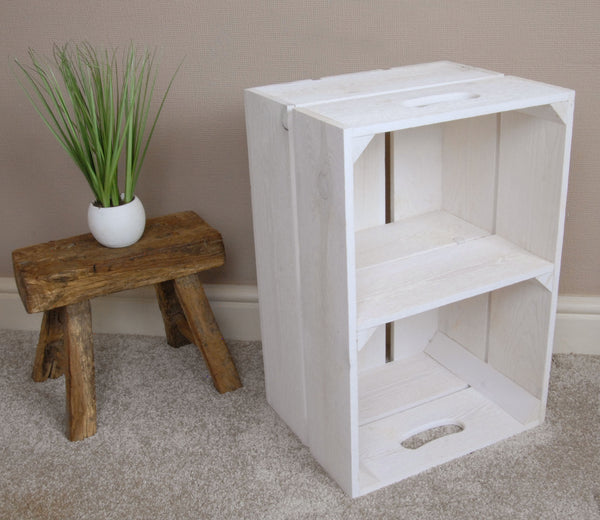 A White Vintage Style Rustic Wooden Apple Fruit Crate Bushel Box with Shelf