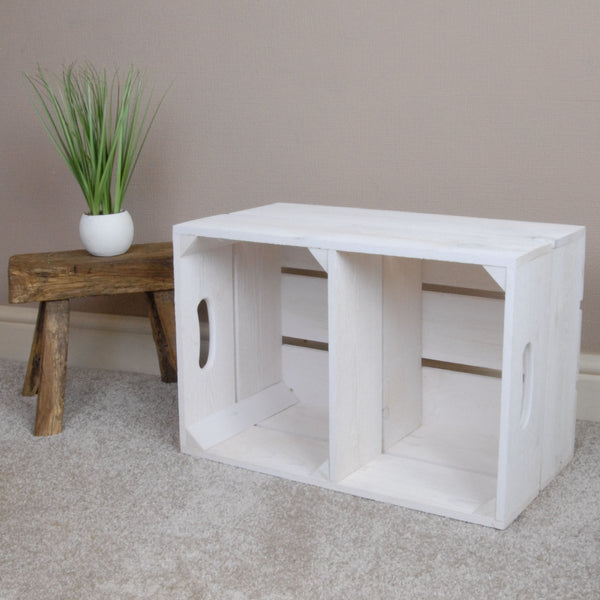 A White Vintage Style Rustic Wooden Apple Fruit Crate Bushel Box with Shelf