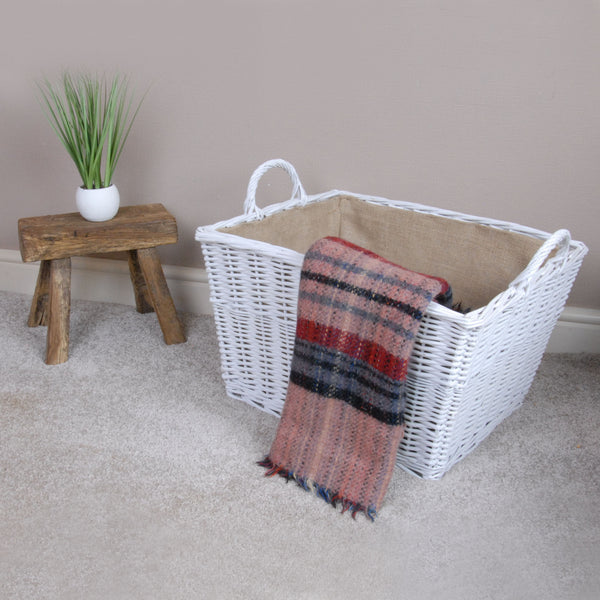 Large White Willow Tapered Basket with Carry Handles Hessian Lined