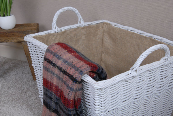 Large White Willow Tapered Basket with Carry Handles Hessian Lined