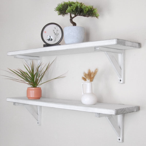 Rustic Solid Wood Wall Shelf Distressed White with Wooden Brackets