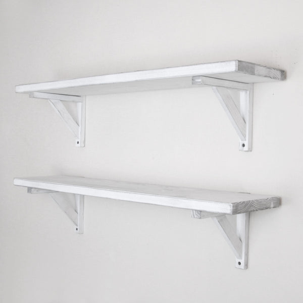 Rustic Solid Wood Wall Shelf Distressed White with Wooden Brackets