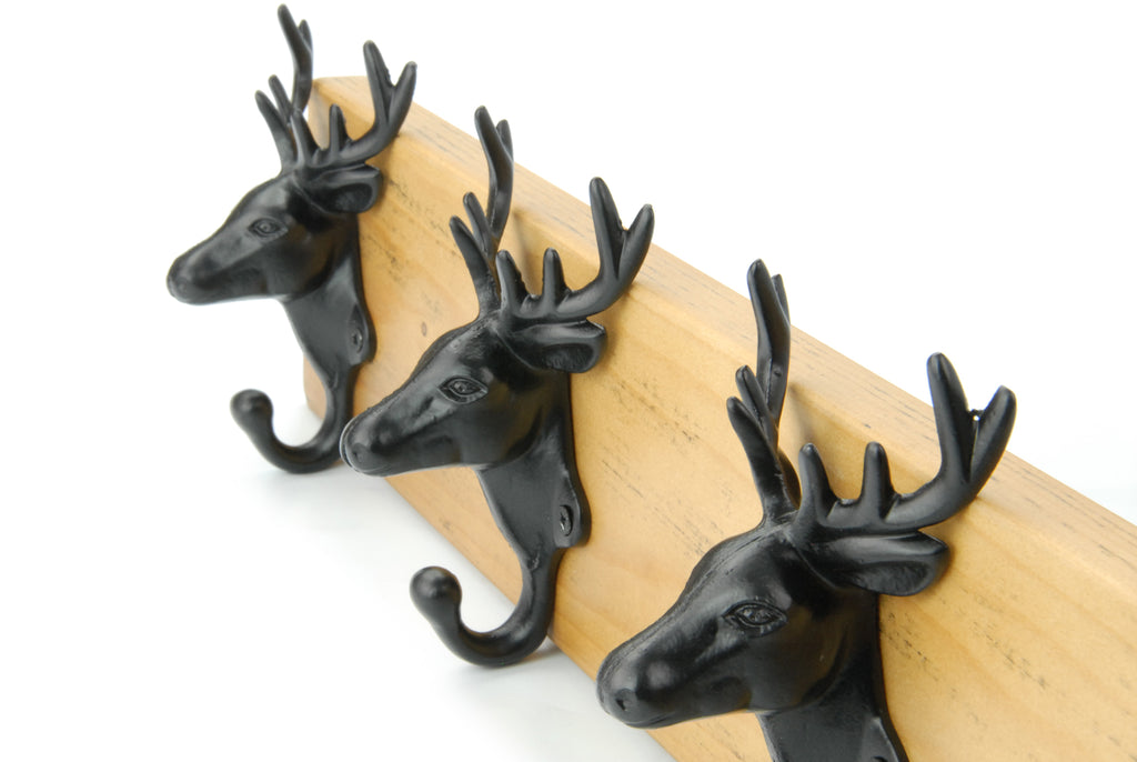 A Vintage Style Chunky Wooden Coat Rack 4 Cast Iron Stags Head Hooks JonesandGrey