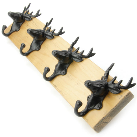 A Vintage Style Chunky Wooden Coat Rack 4 Cast Iron Stags Head Hooks